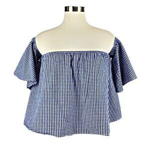 Top Off Shoulder Flutter Sleeve Cropped Waist Elastic Neckline Gingham Blue SM